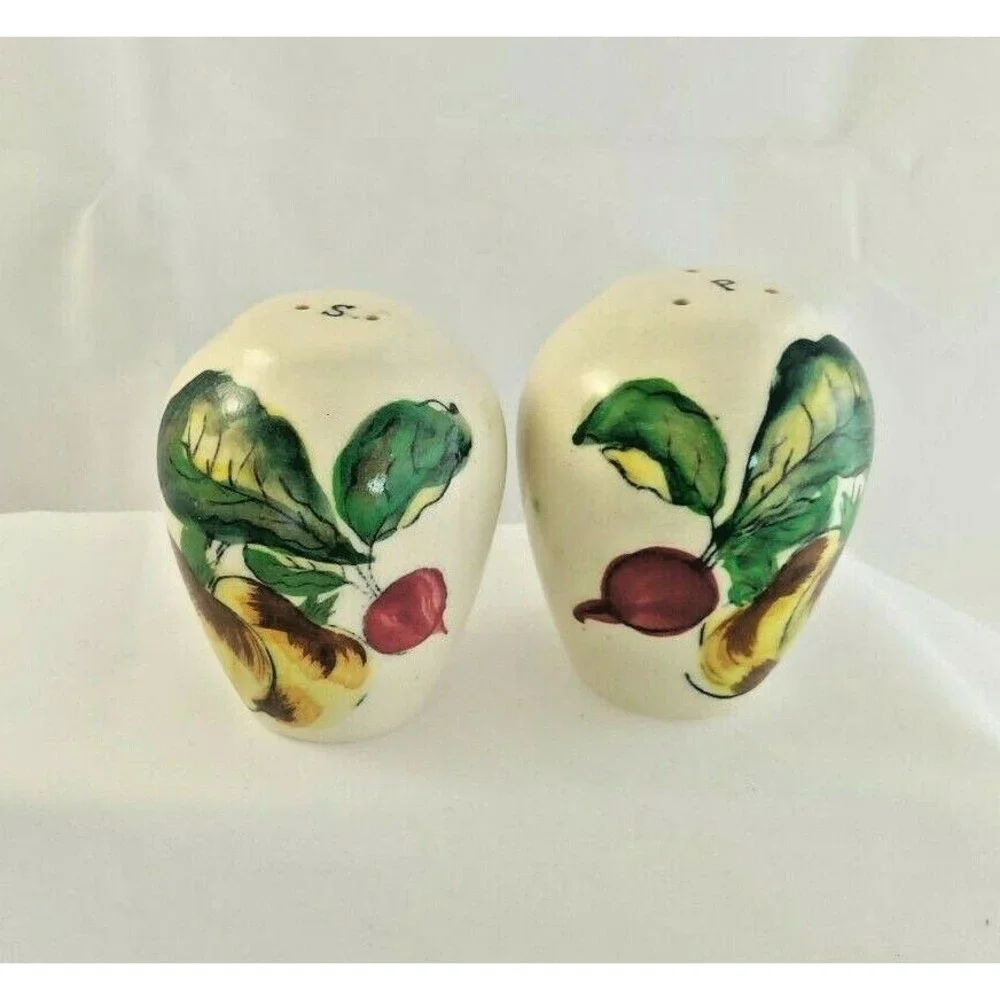 Rare Vintage Pottery Salt & Pepper Shaker Set Painted vegetables  S & P Letters